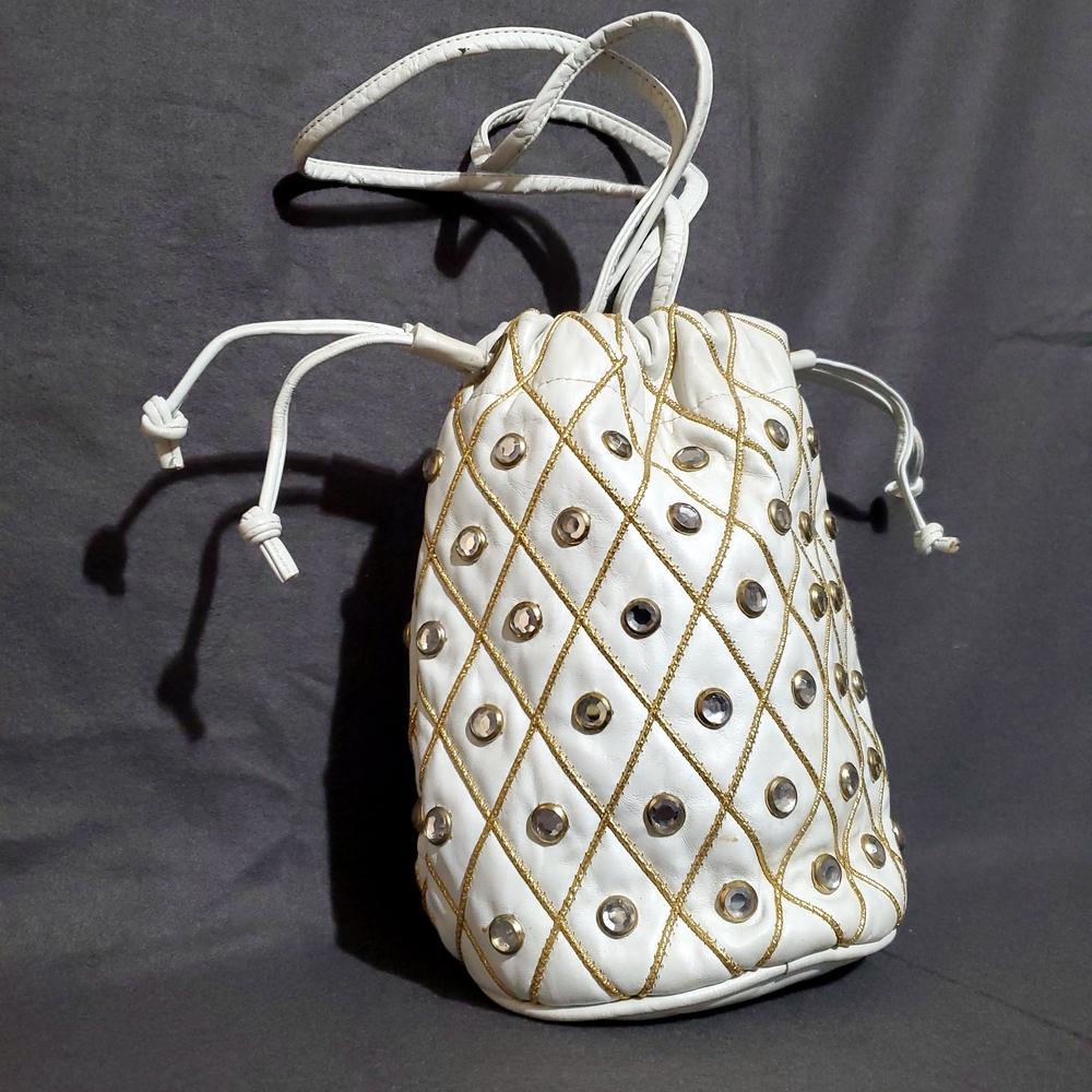 Tiffany Rose Purse Vintage Leather Bucket Bag White Quilted Drawstring Eyelet - Picture 3 of 7
